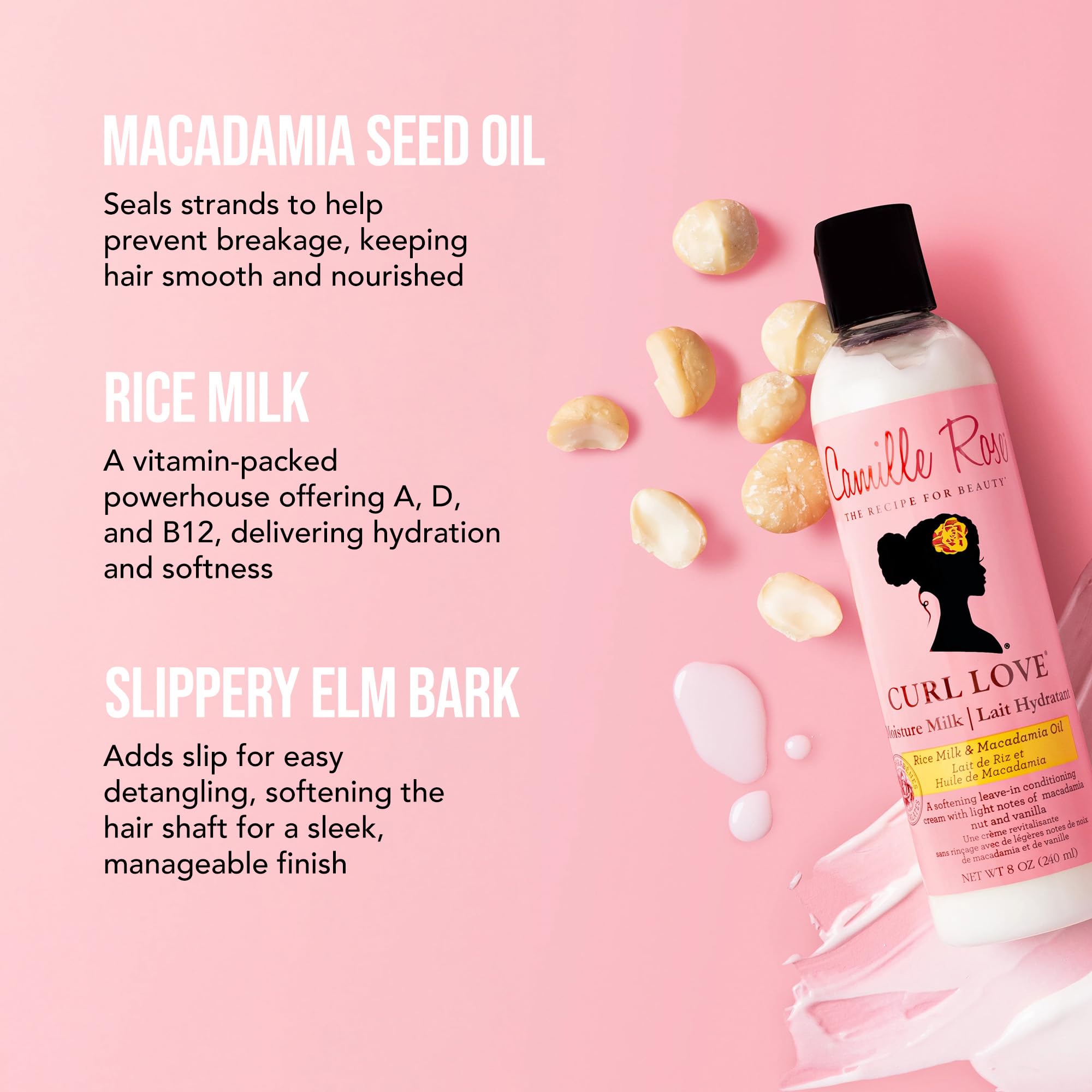 Camille Rose Curl Love Moisture Milk with macadamia oil delivers hydration and shine