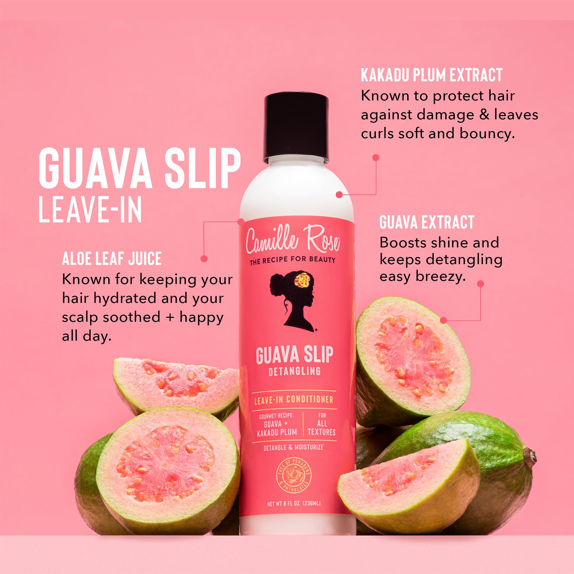 Camille Rose Guava Slip applied to hair for smoother texture