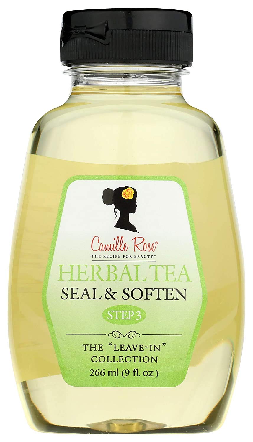 Camille Rose Herbal Tea Leave-In Hair Oil bottle close-up for moisture sealing.
