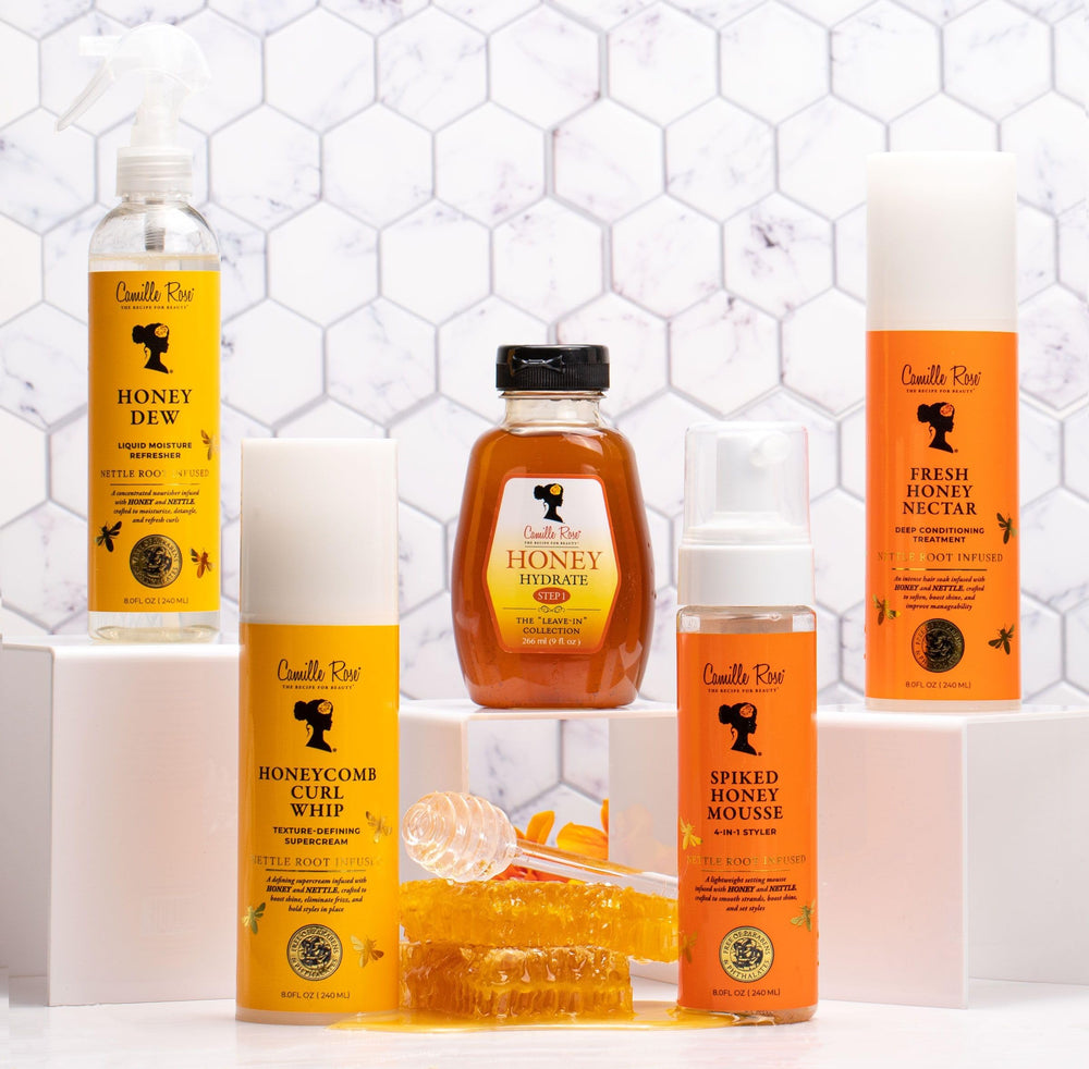 Camille Rose Honey Dew label highlights nettle and honey benefits.