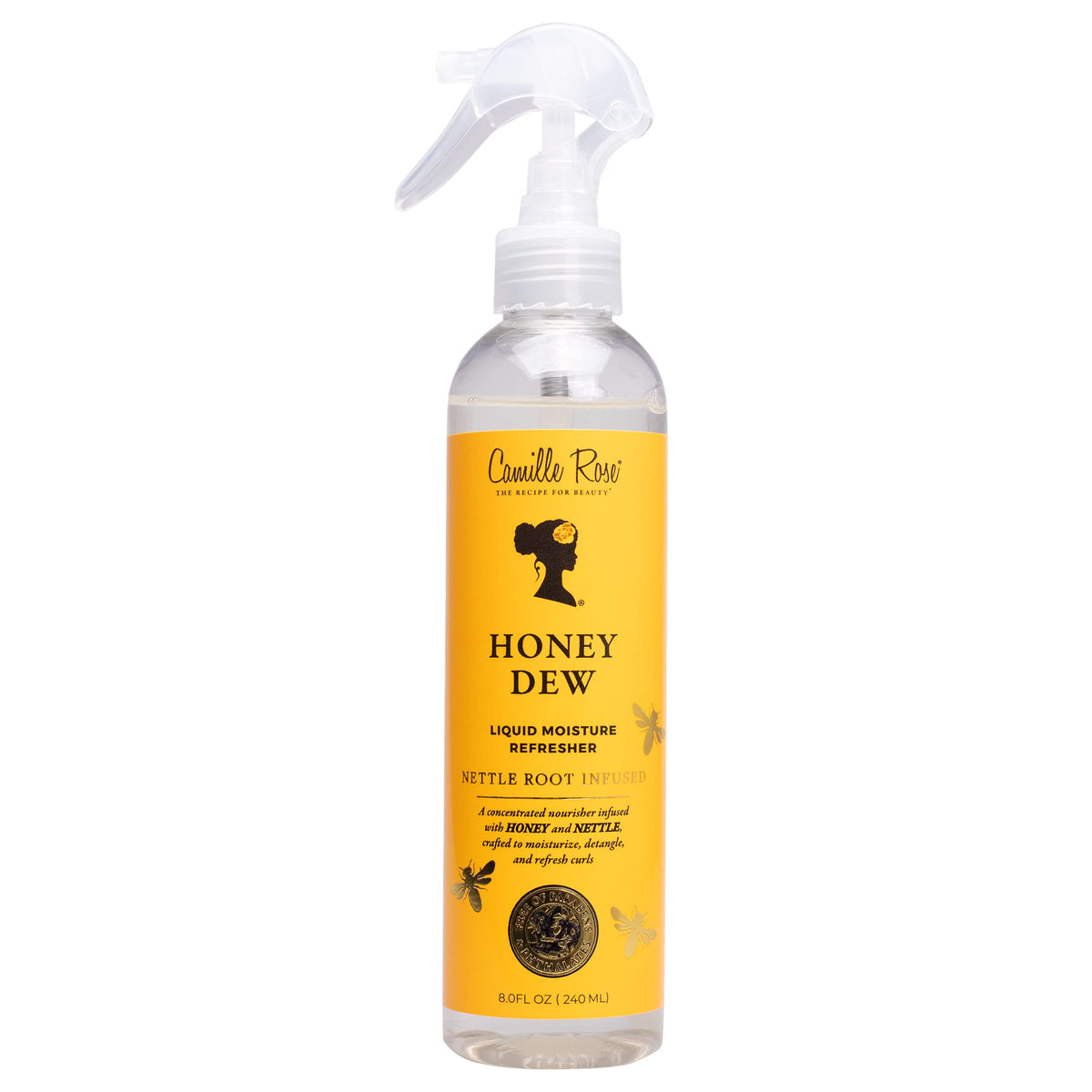 Camille Rose Honey Dew Liquid Moisture bottle for daily curl refresh and softness.