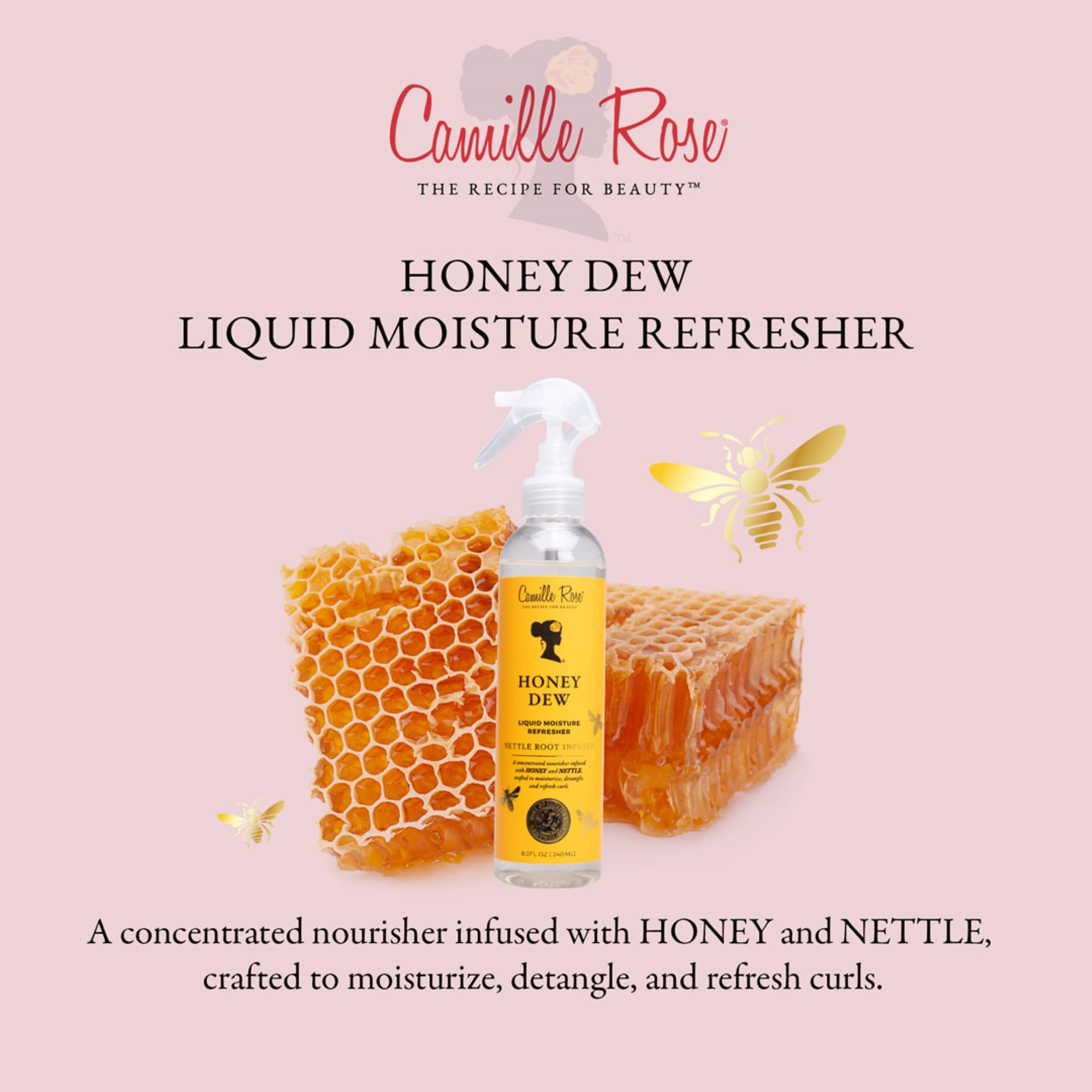 Camille Rose Honey Dew Liquid Moisture spritz applied to curls for quick hydration.