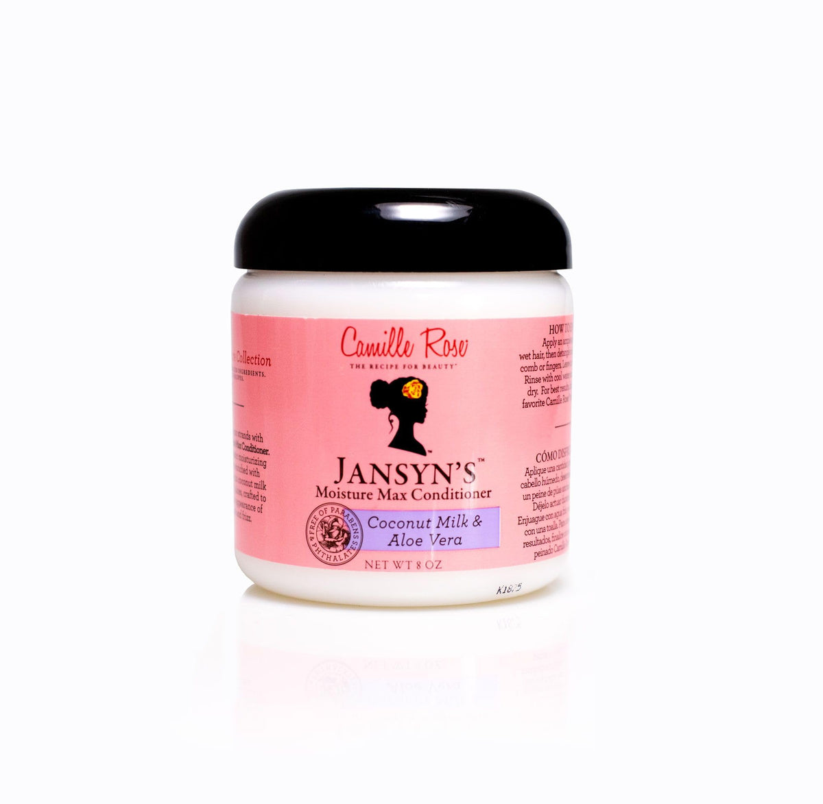 Camille Rose Jansyn's Moisture Max Conditioner bottle highlighting a hydrating frizz-control formula