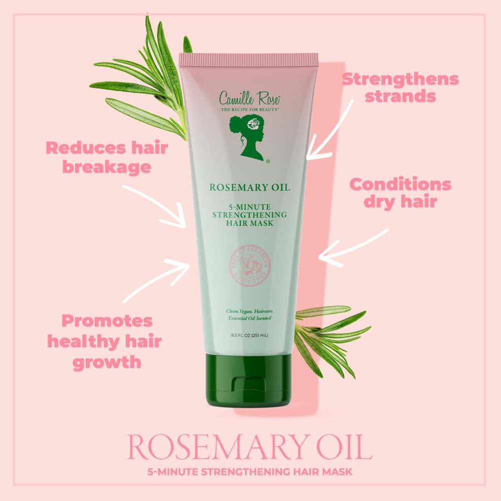 Camille Rose Rosemary Oil bottle closeup highlights premium formula