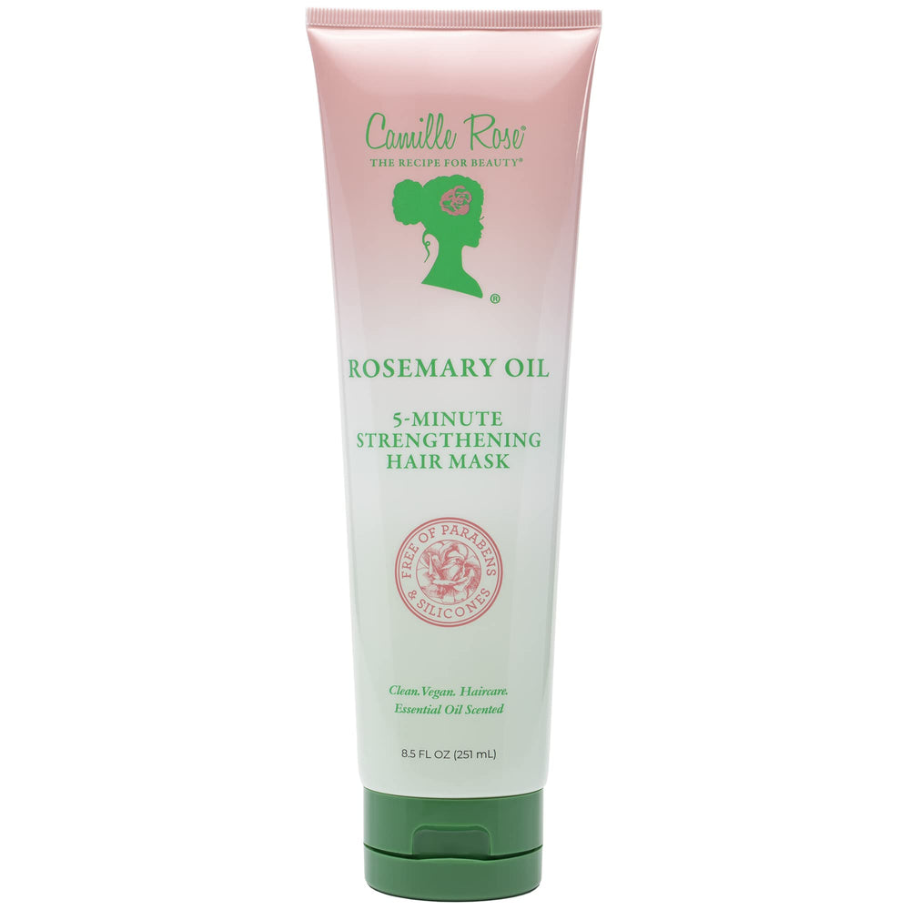 Camille Rose Rosemary Oil mask packaging demonstrates premium all-hair-types treatment
