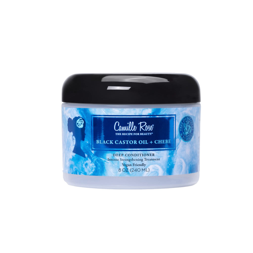 Camille Rose Vegan Black Castor Oil Chebe Deep Conditioner jar shows rich moisture for frizz control.