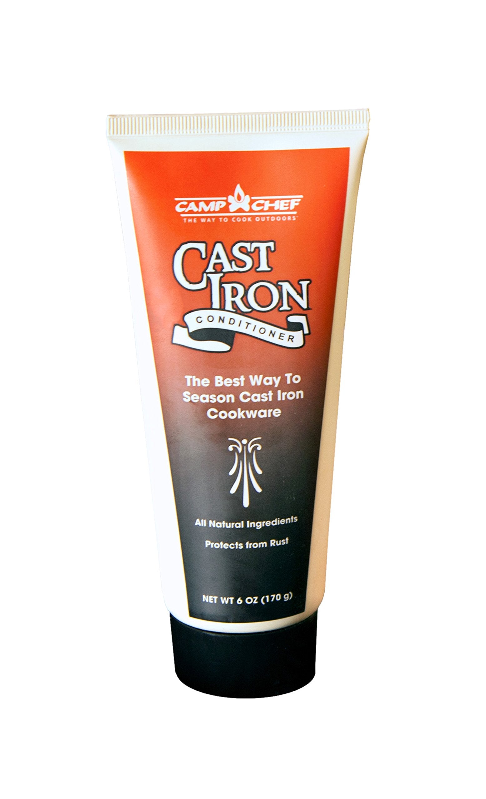 Camp Chef Cast Iron Conditioner bottle pours for easy application, protection, and seasoning.