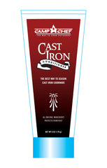 Camp Chef Cast Iron Conditioner packaging on shelf ready for seasoning prep.