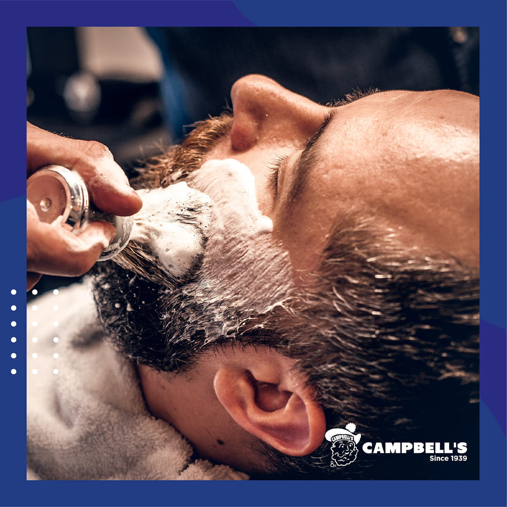 Barber shop shave session using Campbell’s cream for a smooth, comfortable shave.