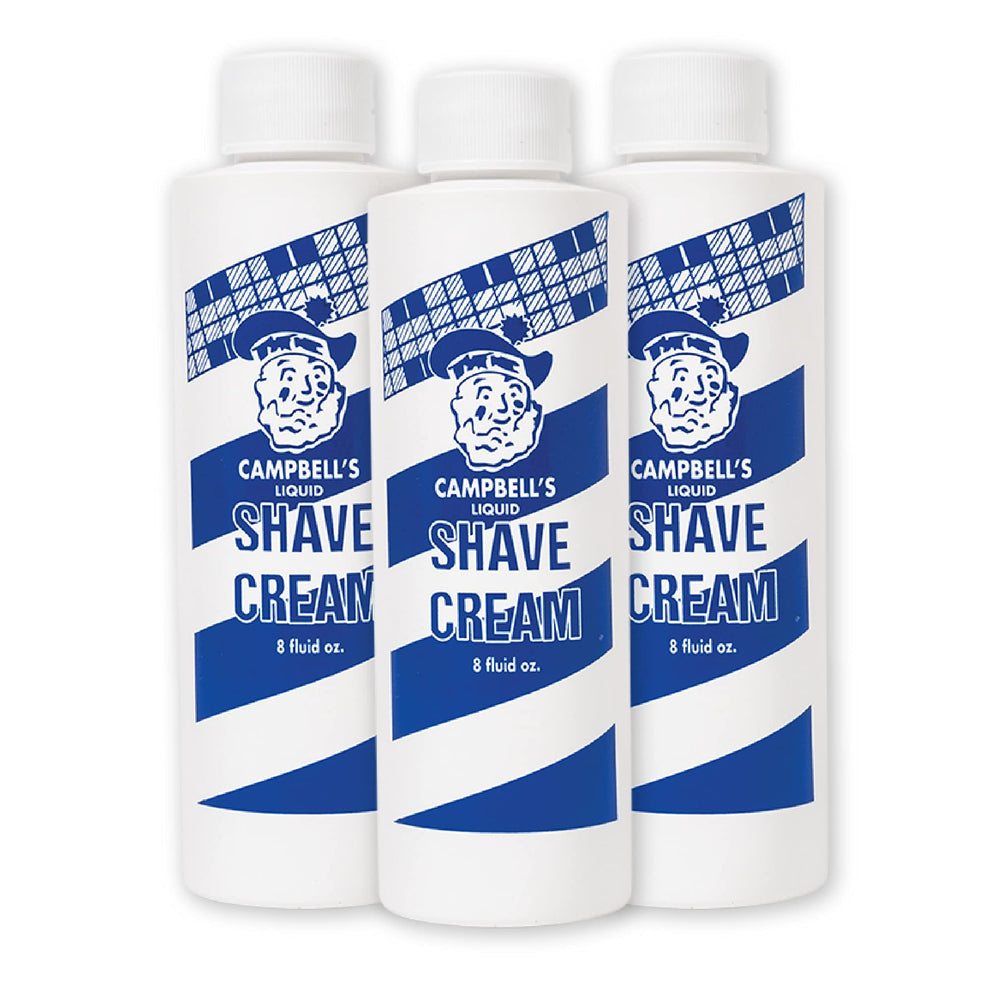 Campbell’s Liquid Shave Cream 8oz bottle pouring for barbershop-quality lather and a smooth shave.