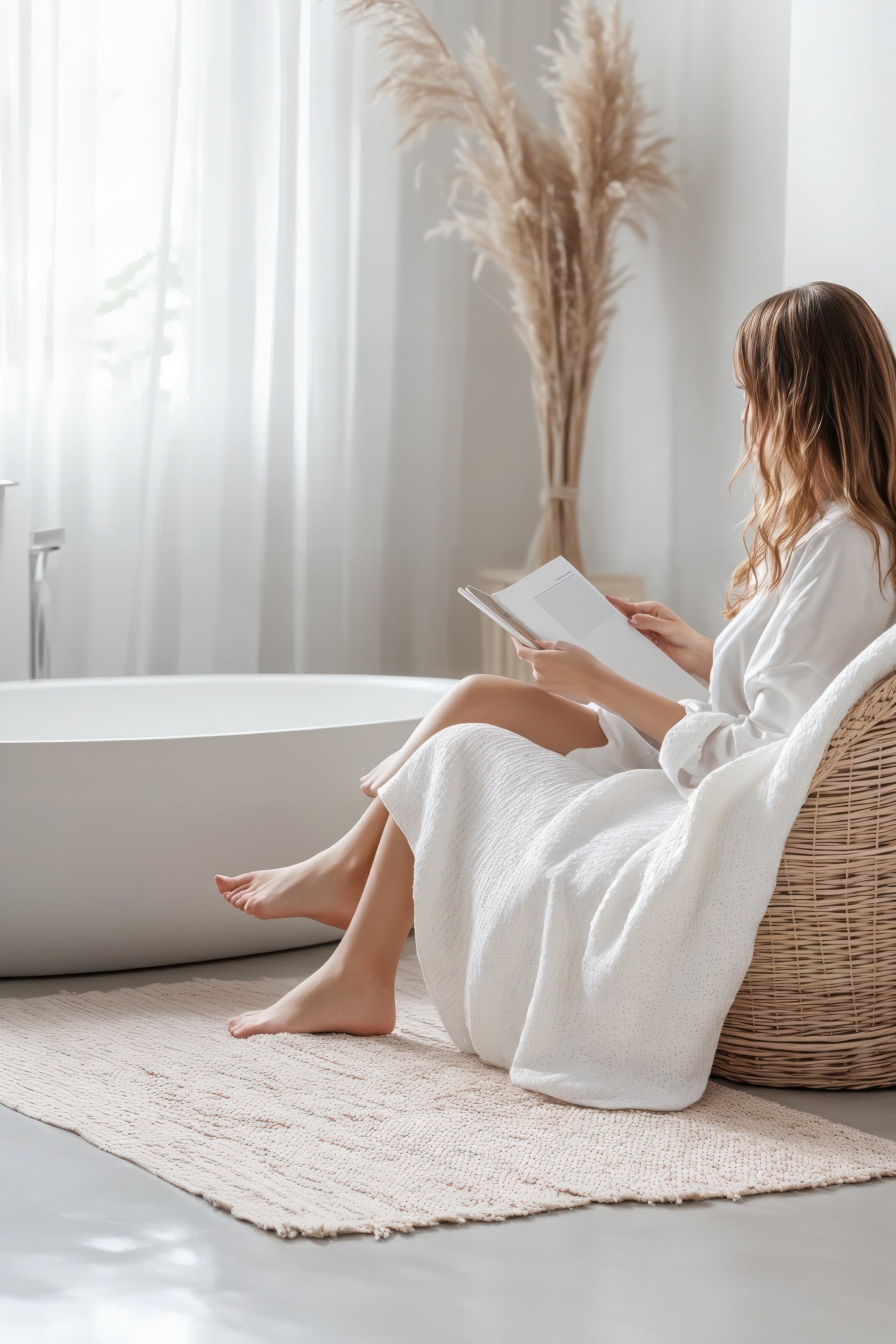 Woman in a white robe reading a book in a spa-like setting with a bathtub and decorative plants.