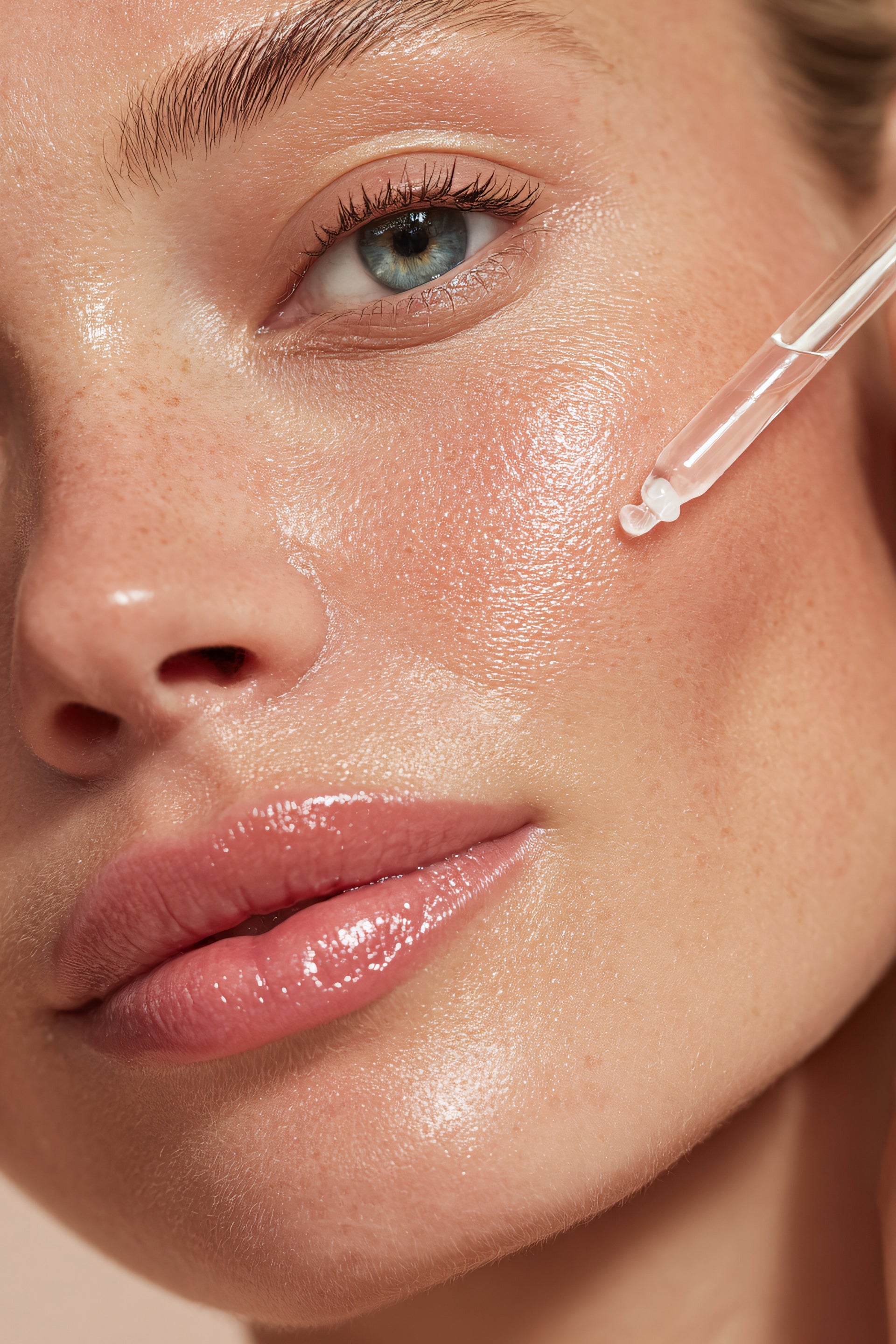 Close-up of a woman's face with a dropper applying a skincare product.