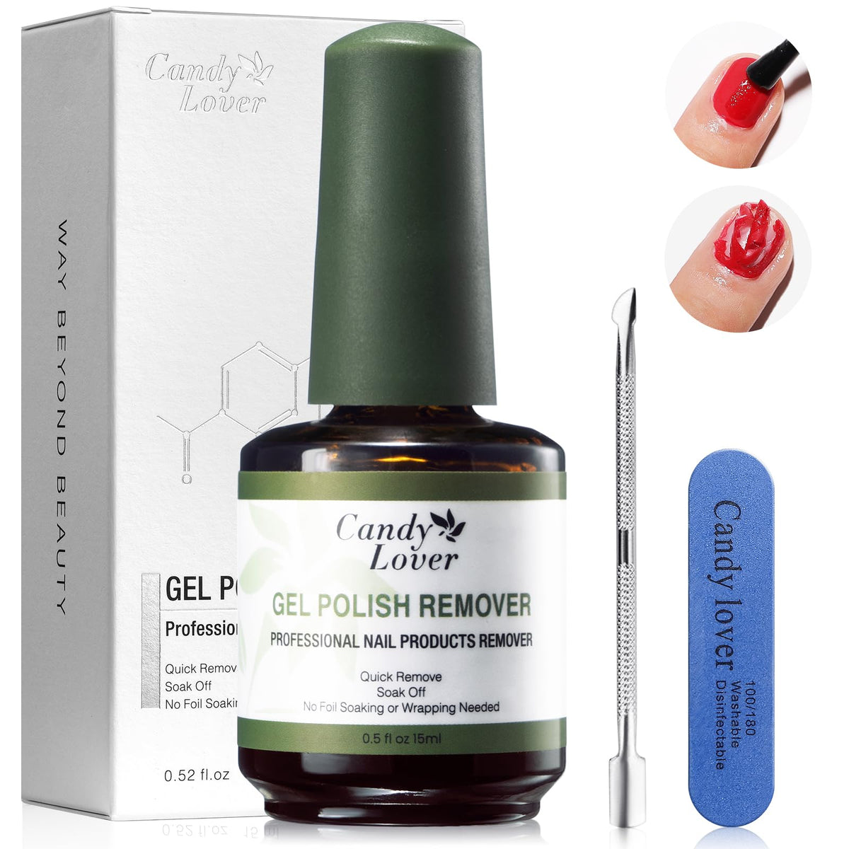 Candy Lover gel polish remover bottle shows fast actone-free gel removal for home use.