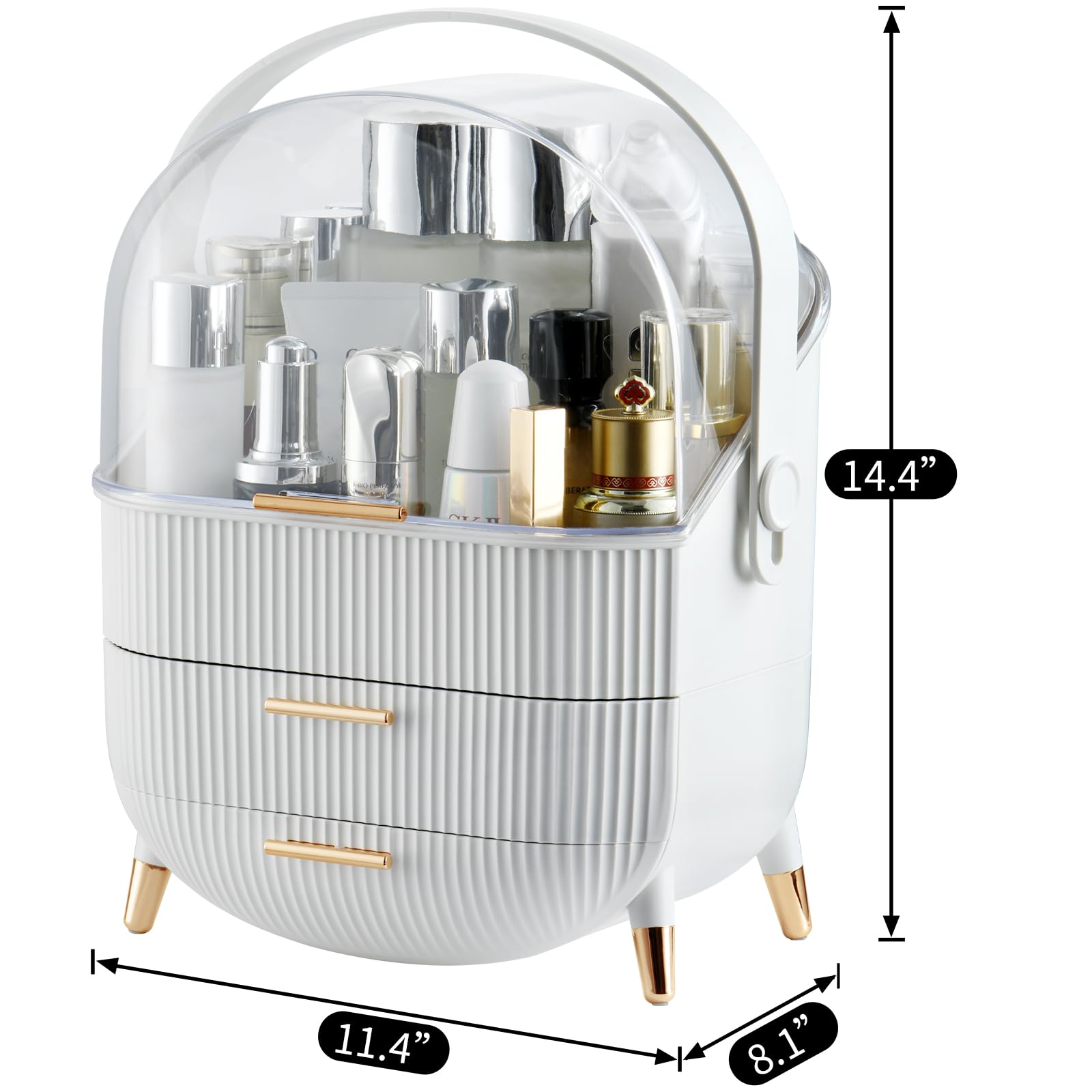 CANITORON makeup organizer drawers open, illustrating two pull-out drawers for categorized storage