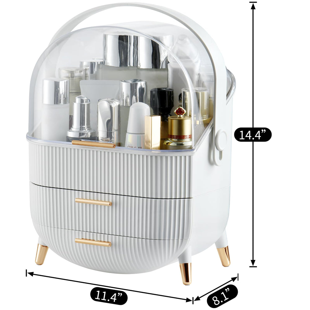 CANITORON makeup organizer drawers open, illustrating two pull-out drawers for categorized storage
