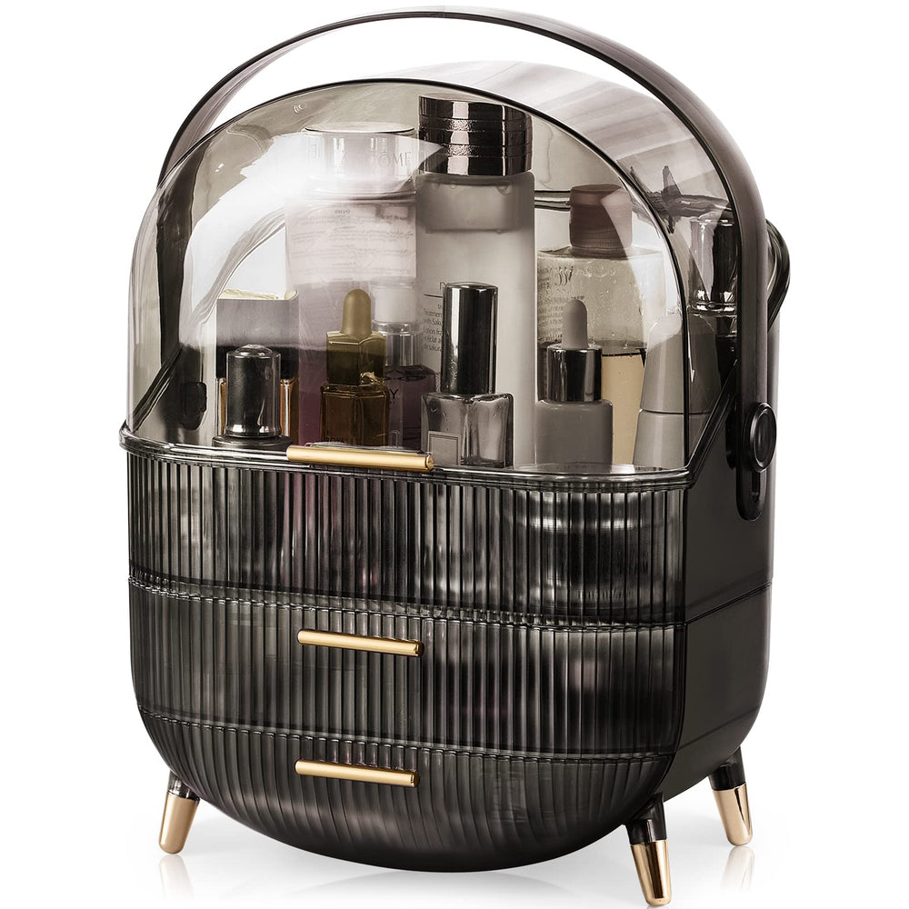 CANITORON makeup organizer with large capacity and two drawers on a vanity for clutter-free storage