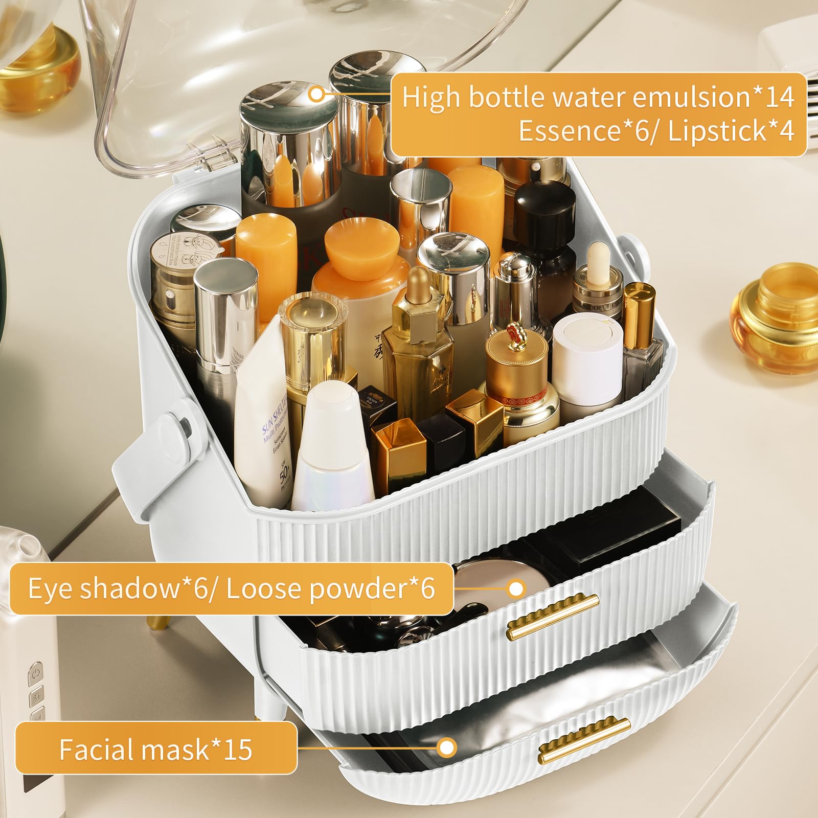 CANITORON makeup organizer top lid standable, keeping cosmetics dust-free while easy to view