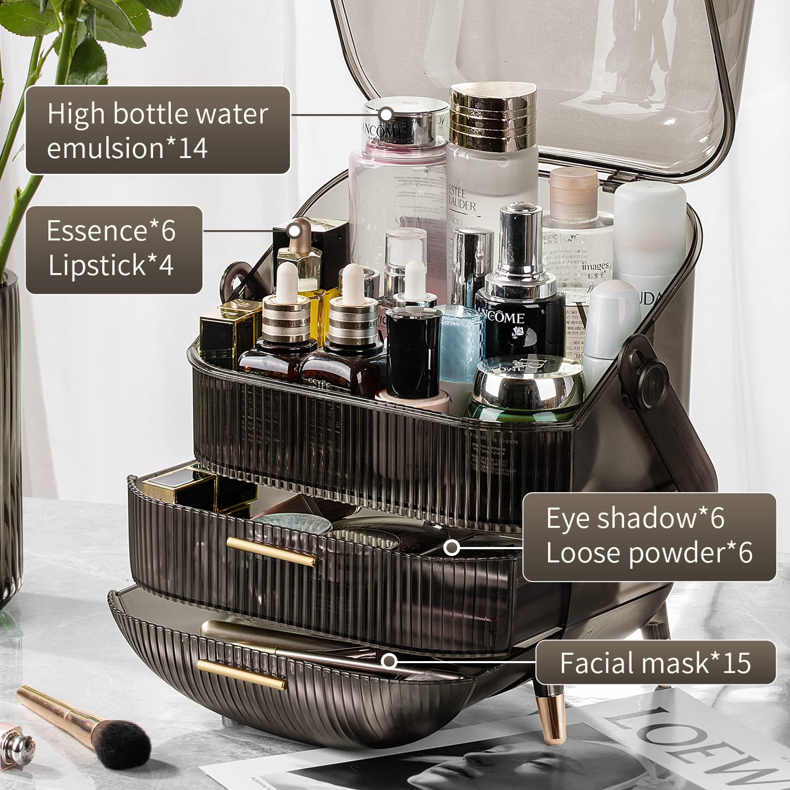 CANITORON skincare organizer with top lid protecting bottles from dust on a dresser