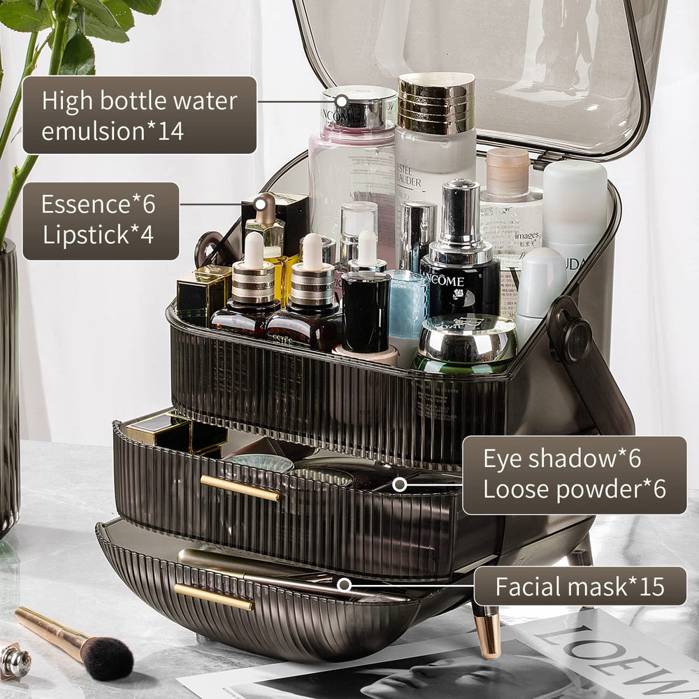 CANITORON skincare organizer with top lid protecting bottles from dust on a dresser