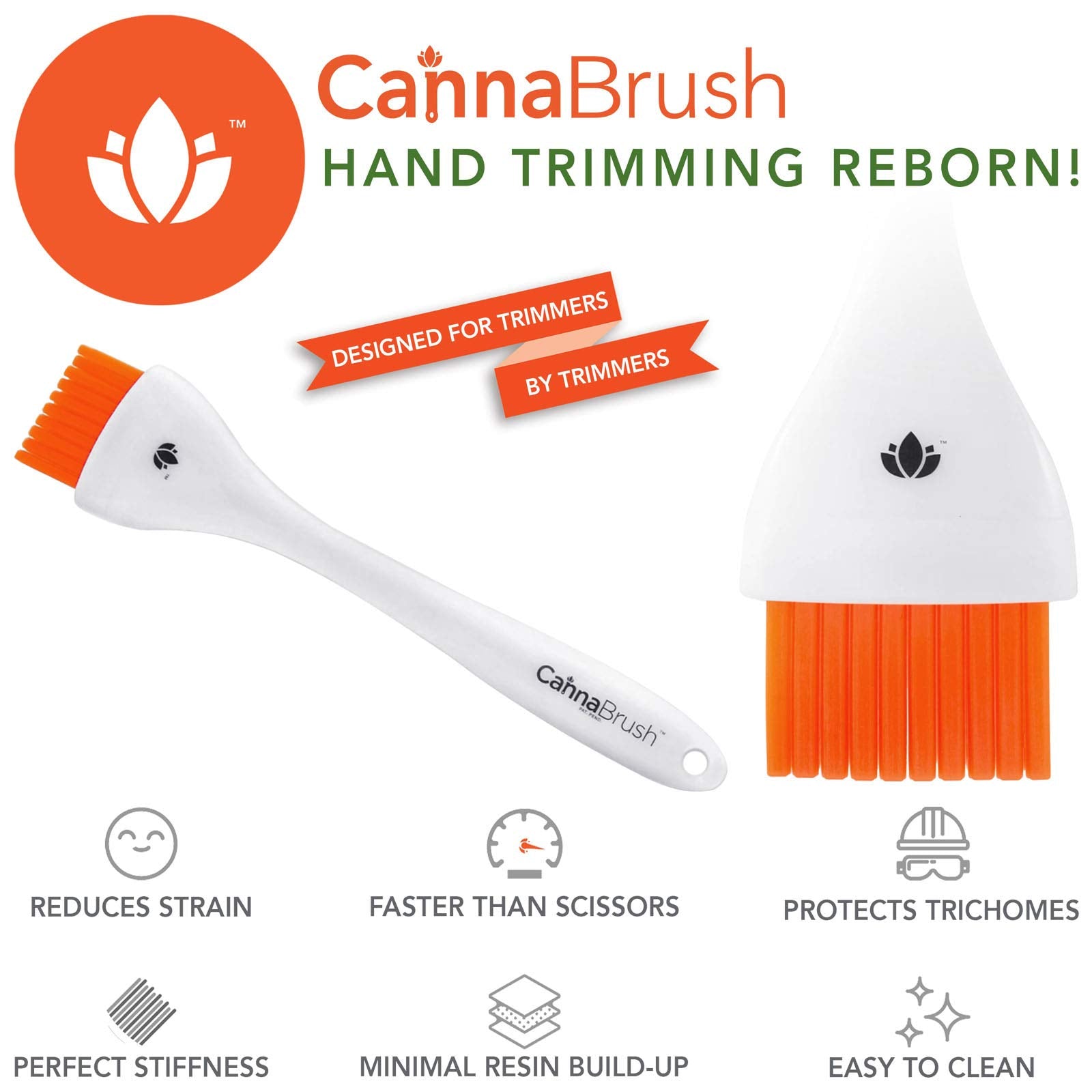 Cannabrush trimming hand tool in use on dried buds for fast, even brushing