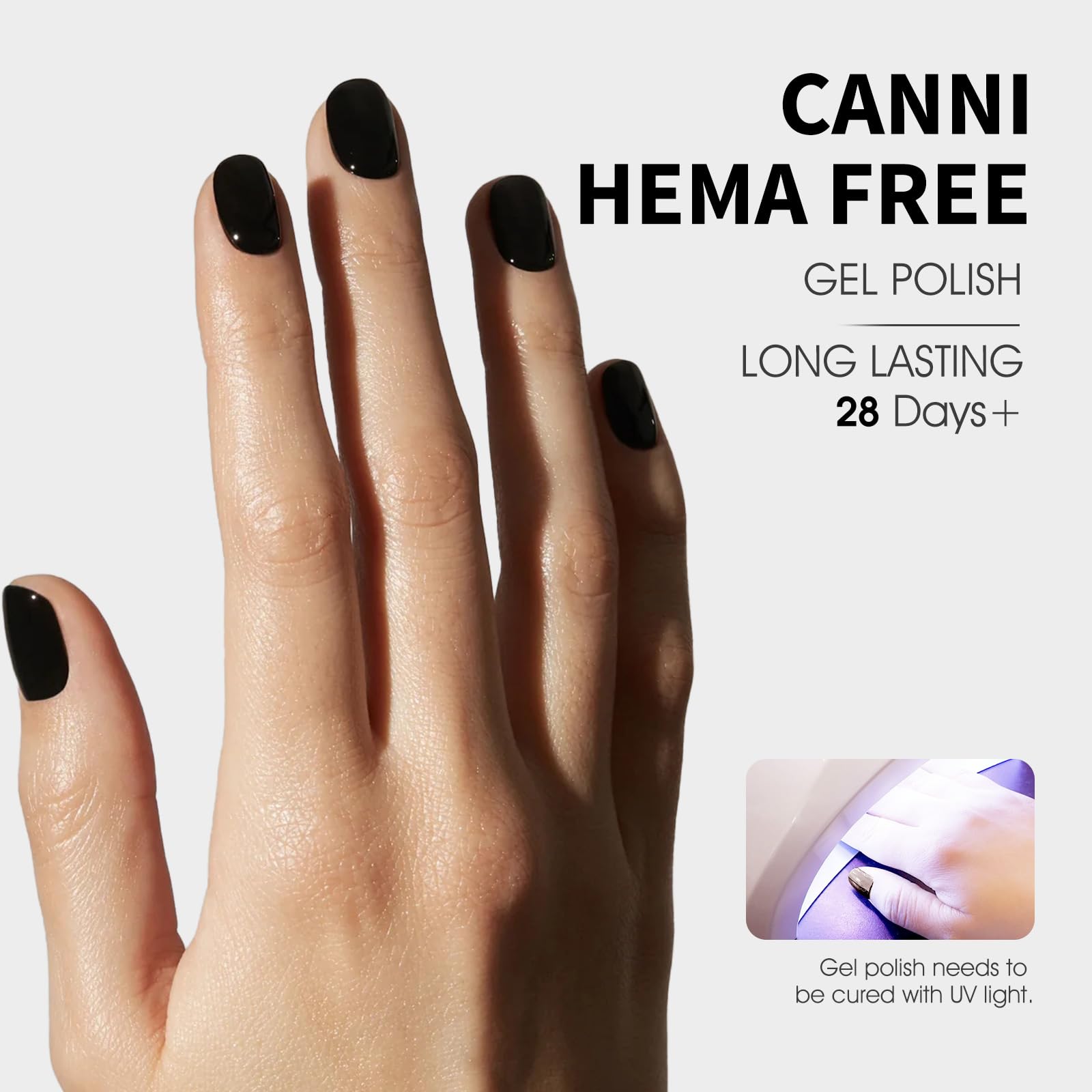 CANNI Black gel polish swatch on nail shows true color and shine.