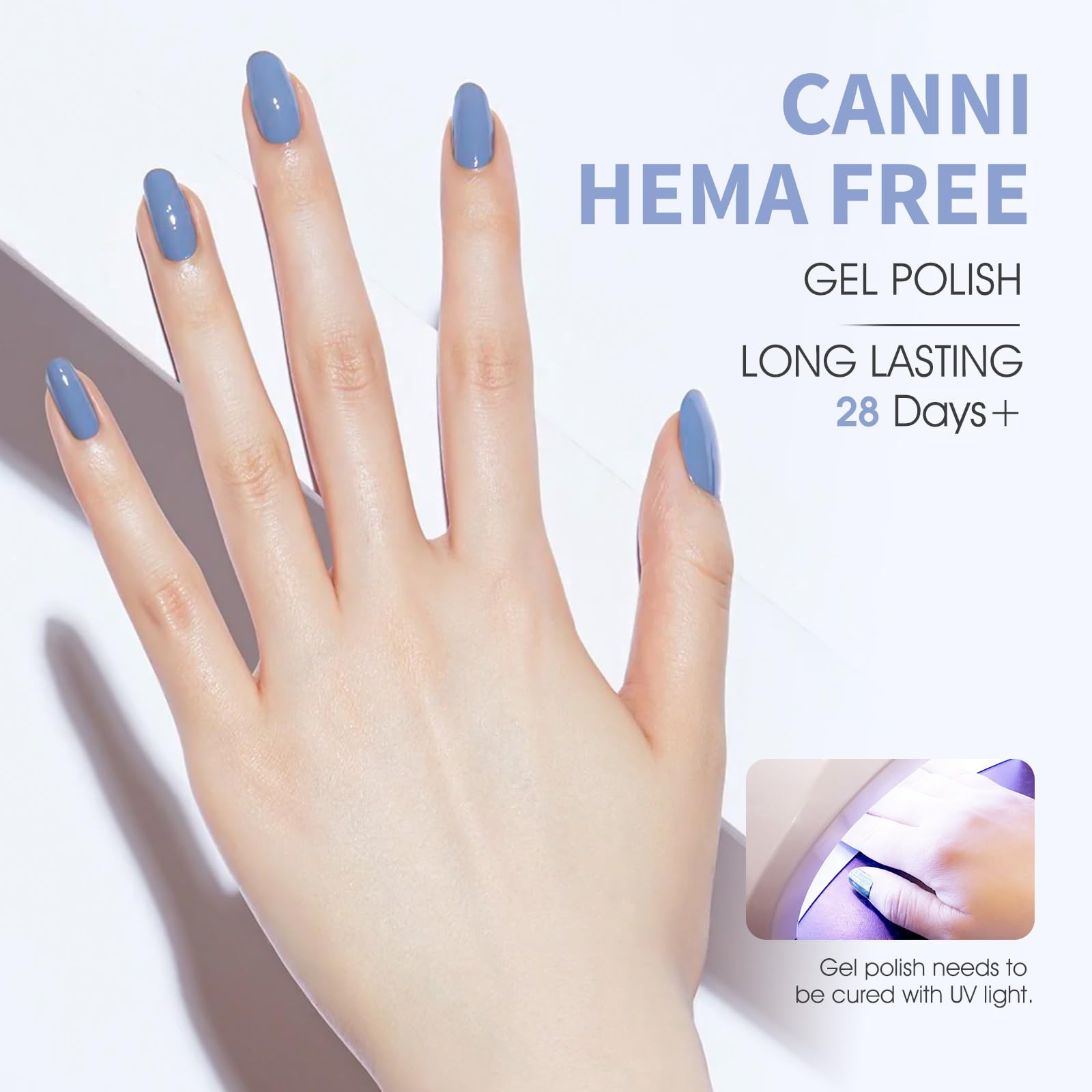 canni blue gel nail polish on nails in pale blue manicure