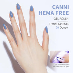 canni blue gel nail polish on nails in pale blue manicure