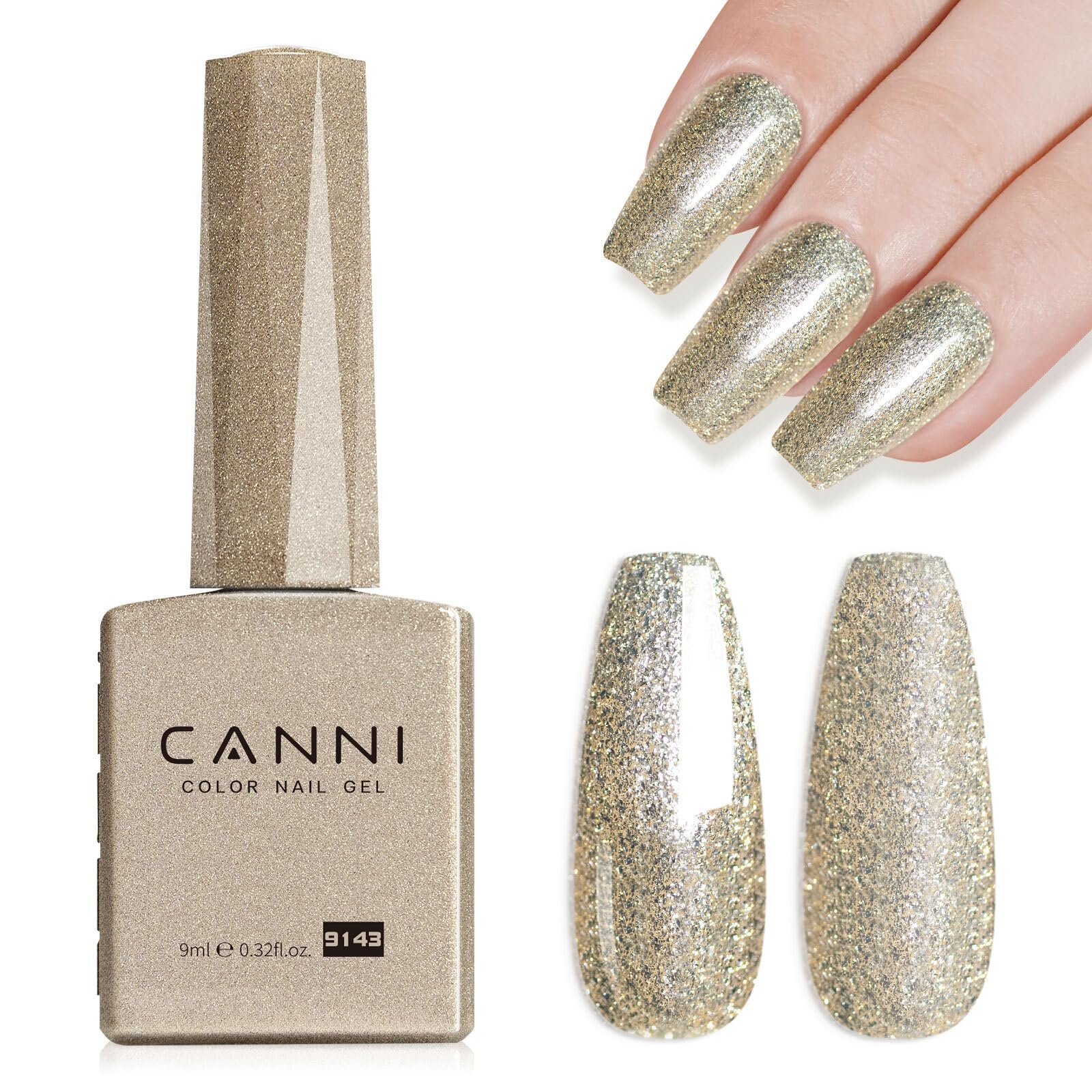CANNI Champagne Gold Glitter gel bottle with sparkling finish for glossy nails.