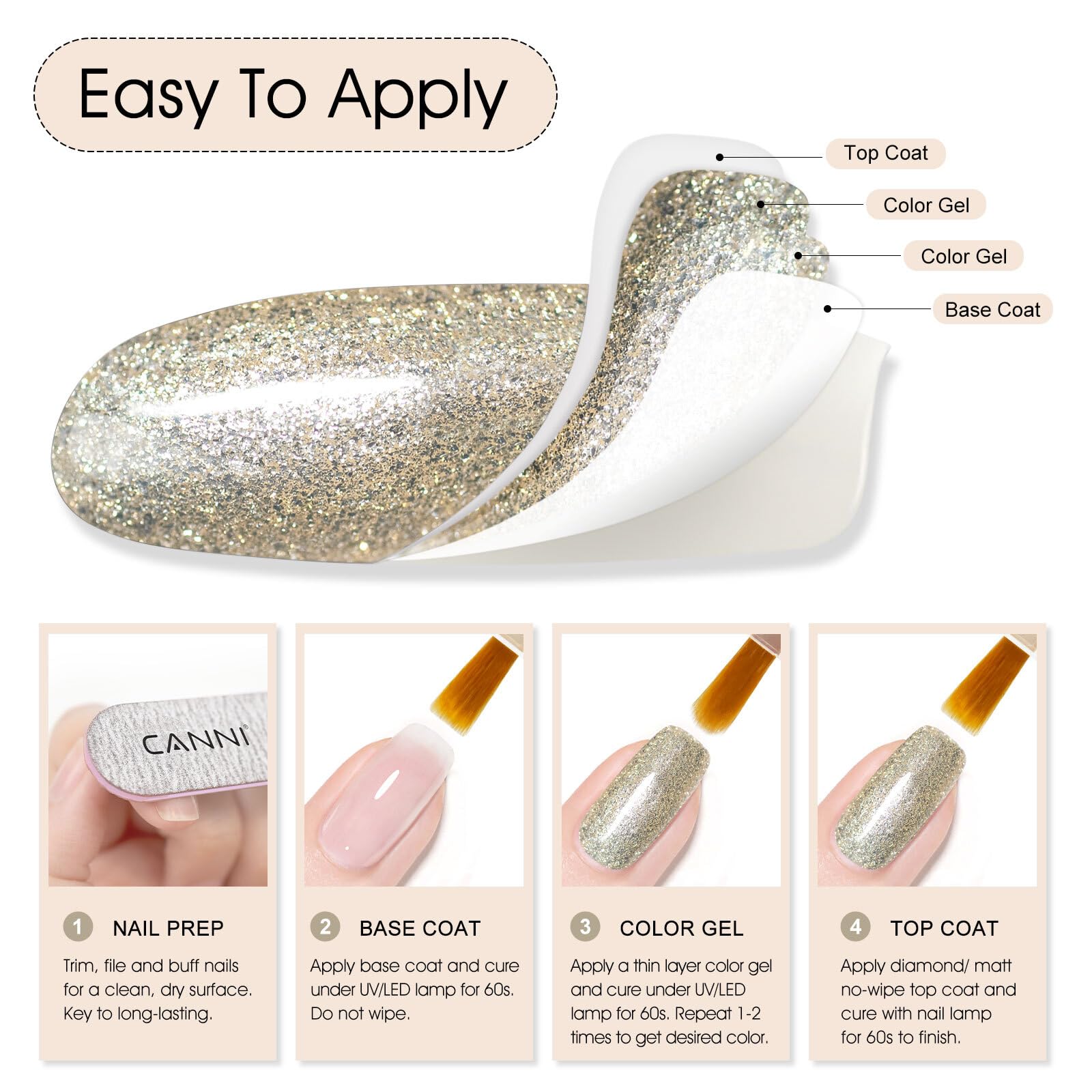CANNI Champagne Gold Glitter gel near UV/LED curing for professional results.