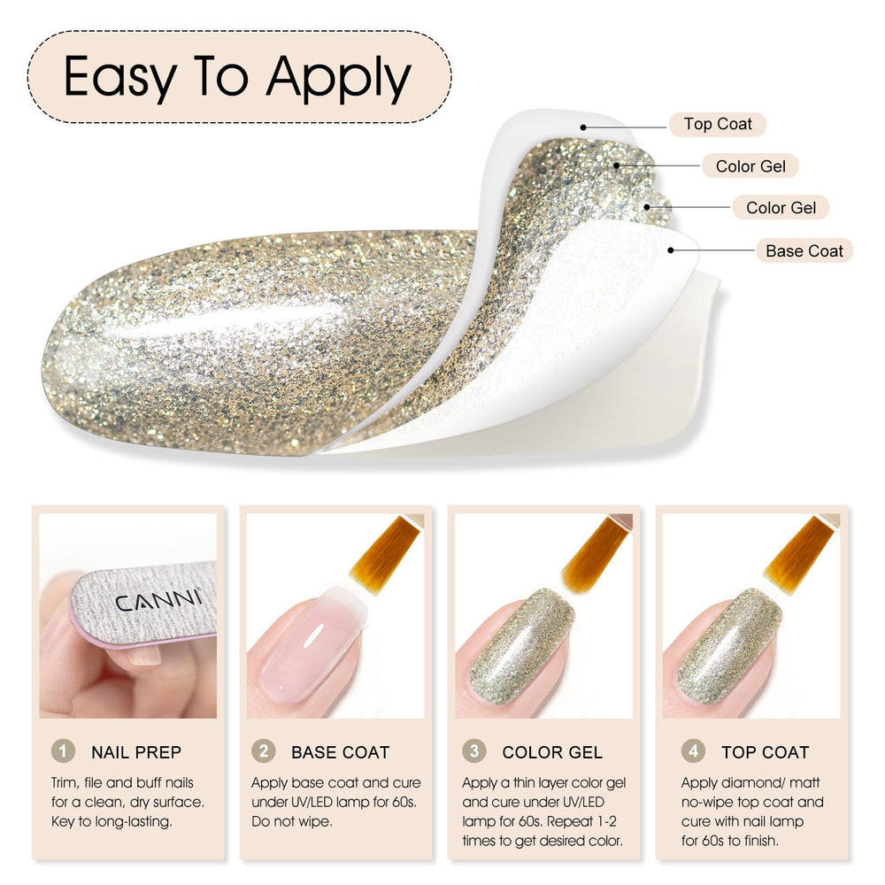 CANNI Champagne Gold Glitter gel near UV/LED curing for professional results.