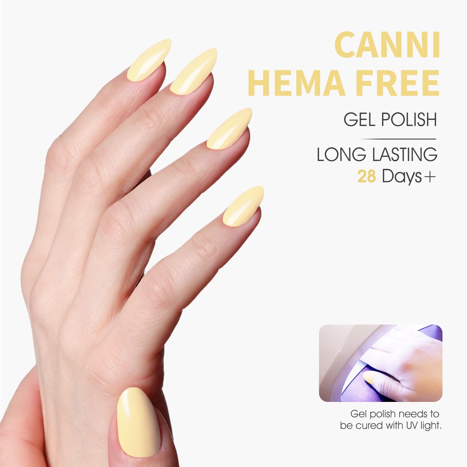 Aplicación en uñas con CANNI, tono amarillo pastel, acabado suave.
