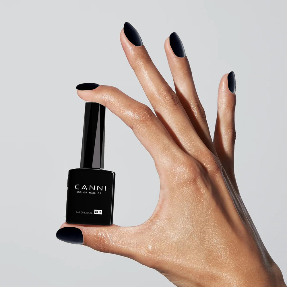 CANNI black gel manicure closeup reveals silky texture for smooth coats.