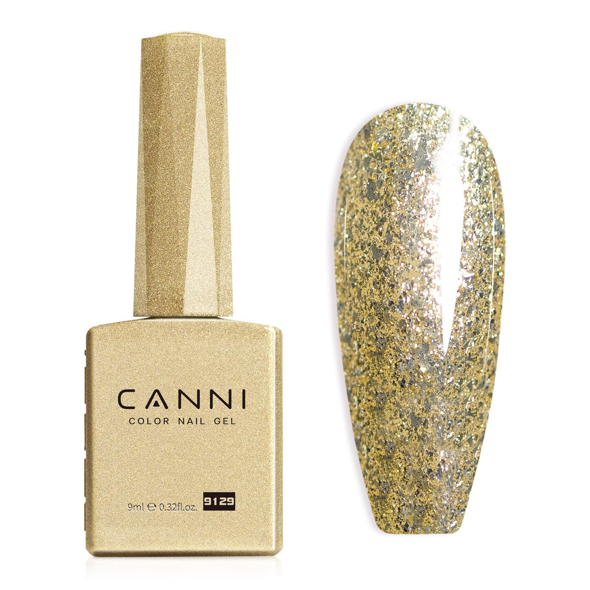 CANNI Gold Gel Nail Polish bottle closeup shows rich glitter gold color.
