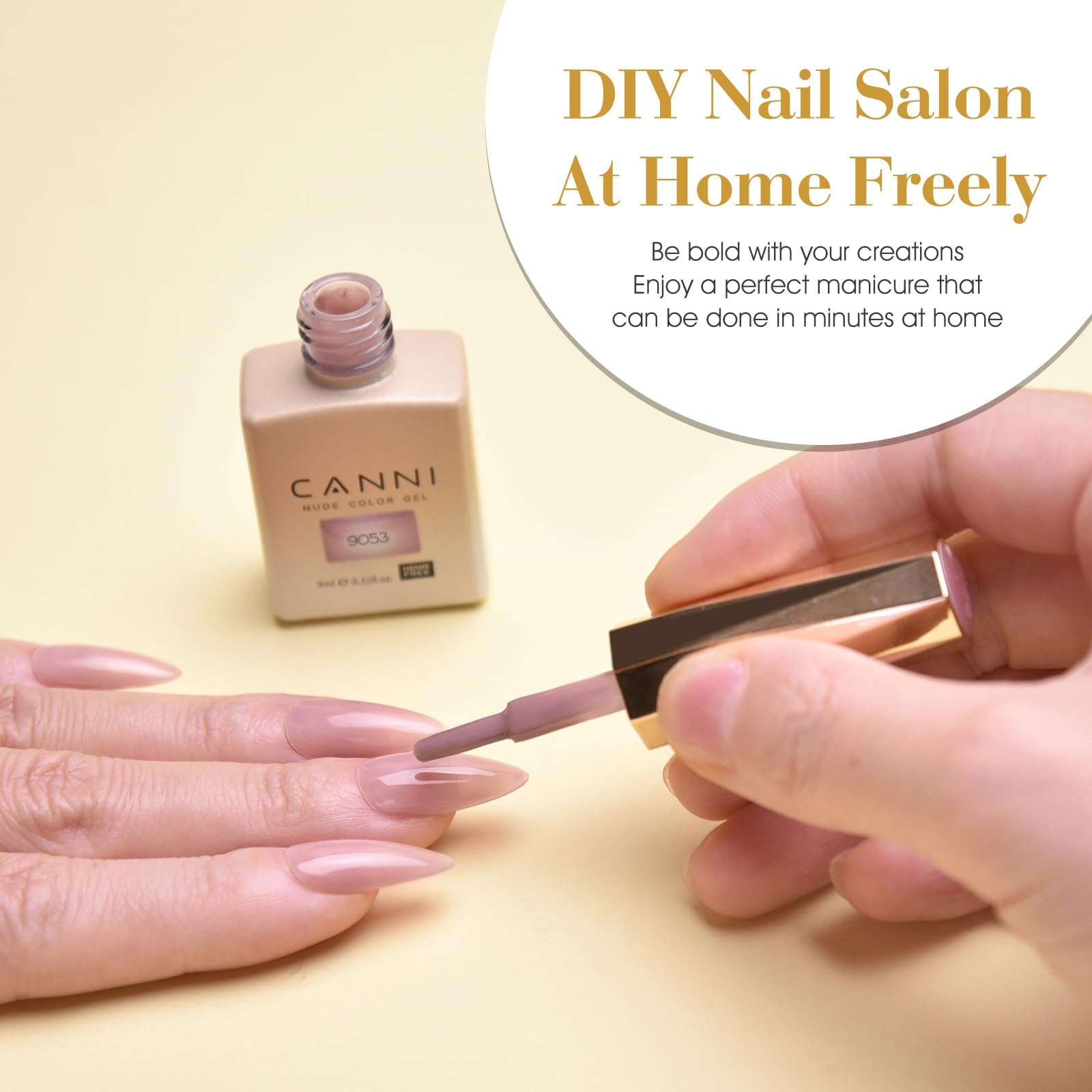 CANNI Jelly Nude Pink bottle label close-up communicates shade identity and easy at-home use