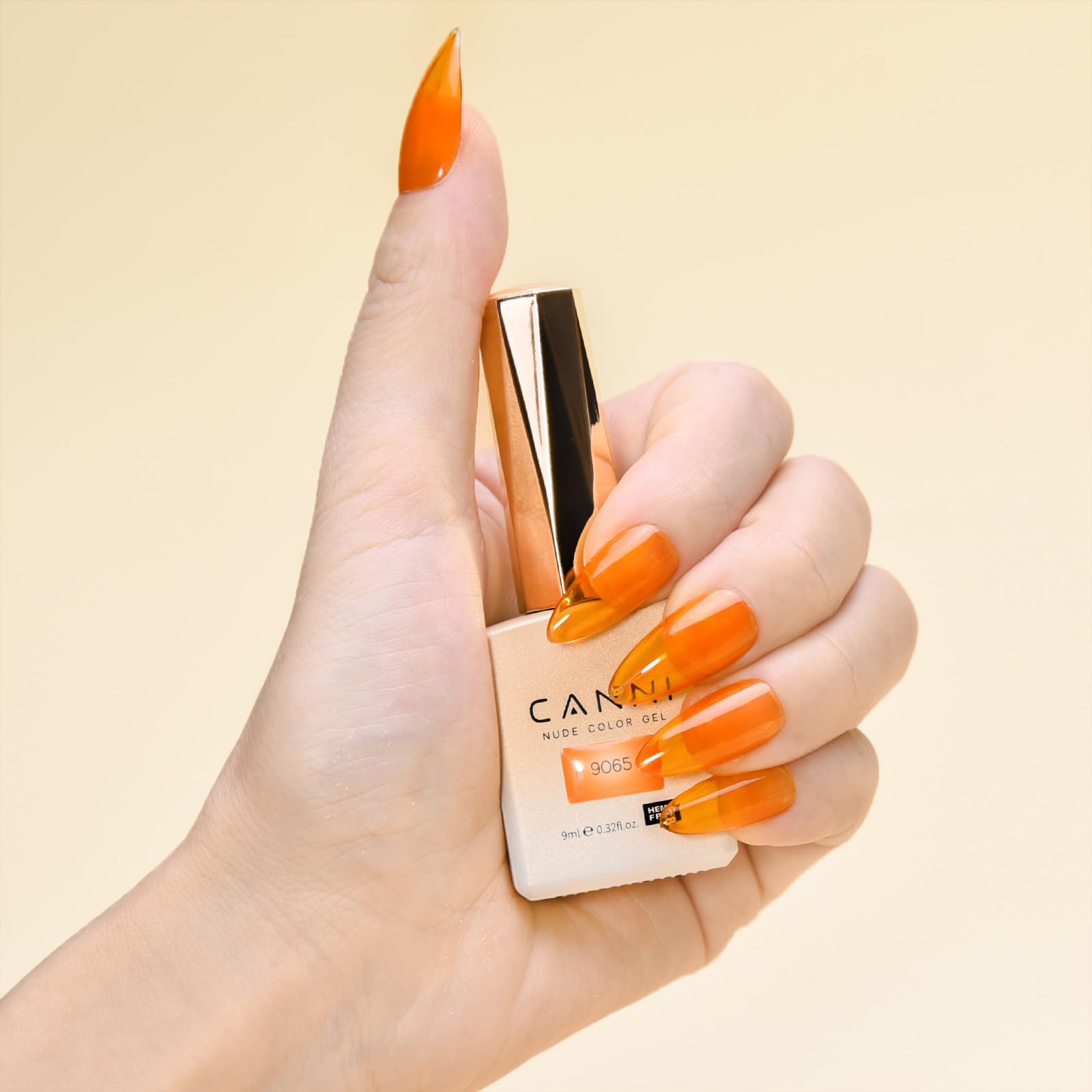 CANNI Jelly Orange translucent layer shows soak-off capability with easy removal.