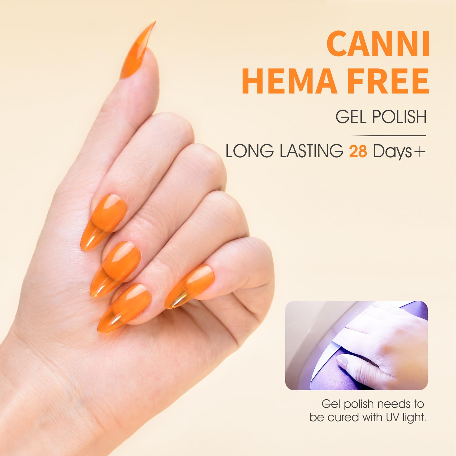 CANNI Jelly Orange UV/LED cure scene demonstrates quick 90–120 seconds light exposure.