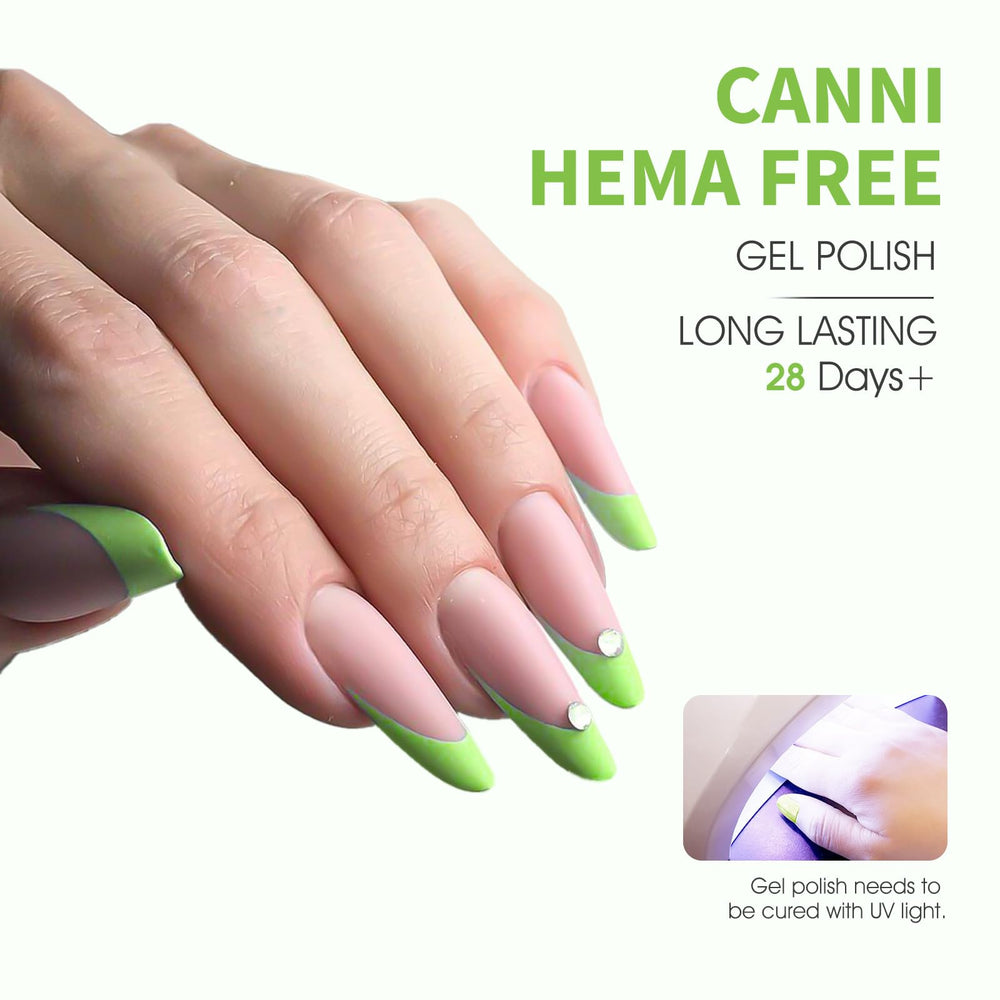 CANNI pastel lime green gel polish wet-look swatch with high gloss