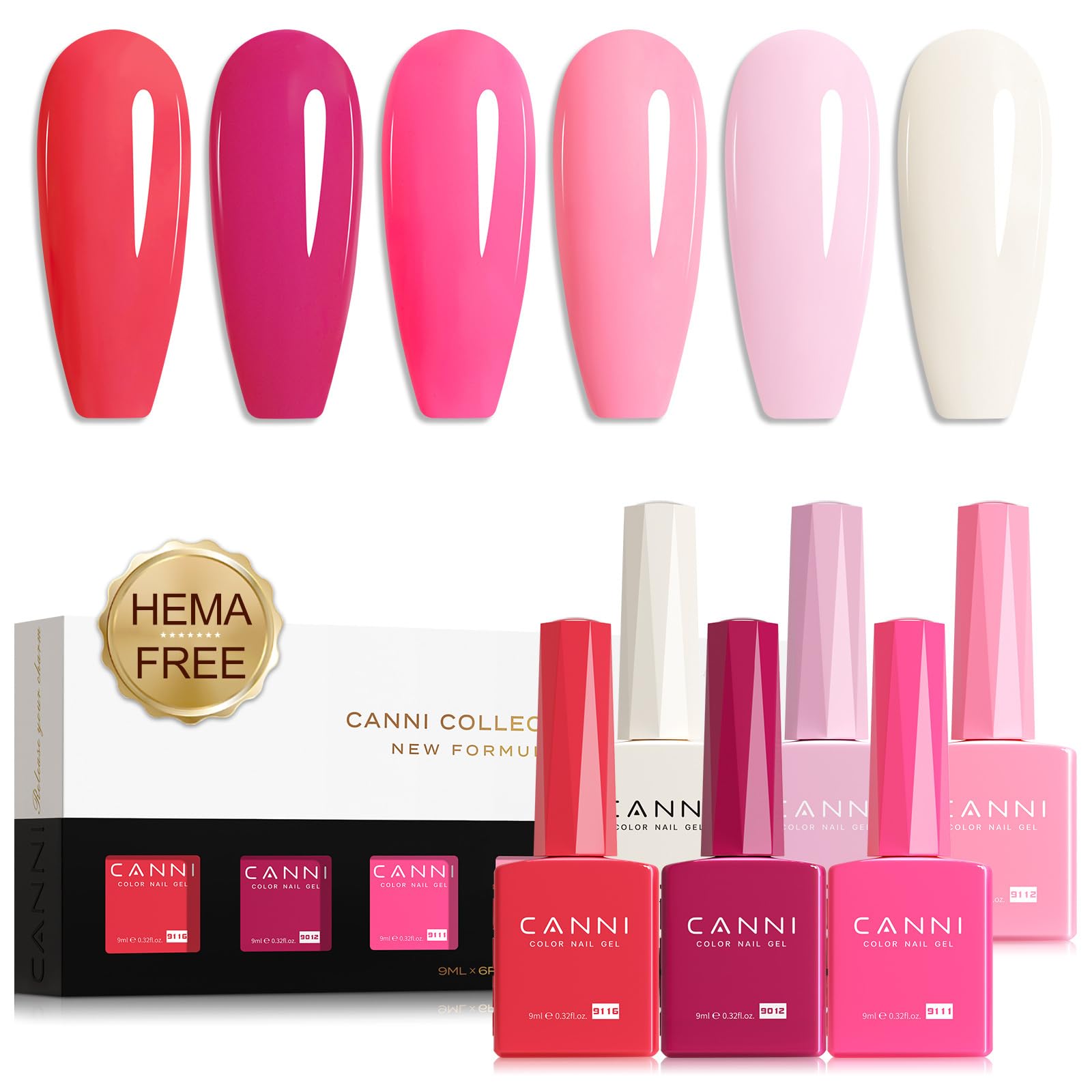 CANNI Pink Gel Nail Polish Set bottle lineup shows six shades for versatile at-home manicures.