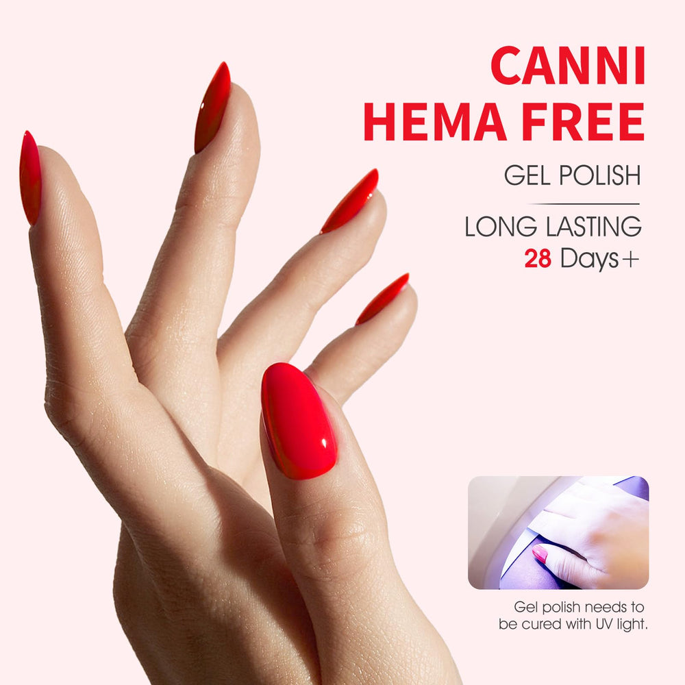 CANNI Red Gel Nail Polish at-home setup demonstrates salon-quality results.