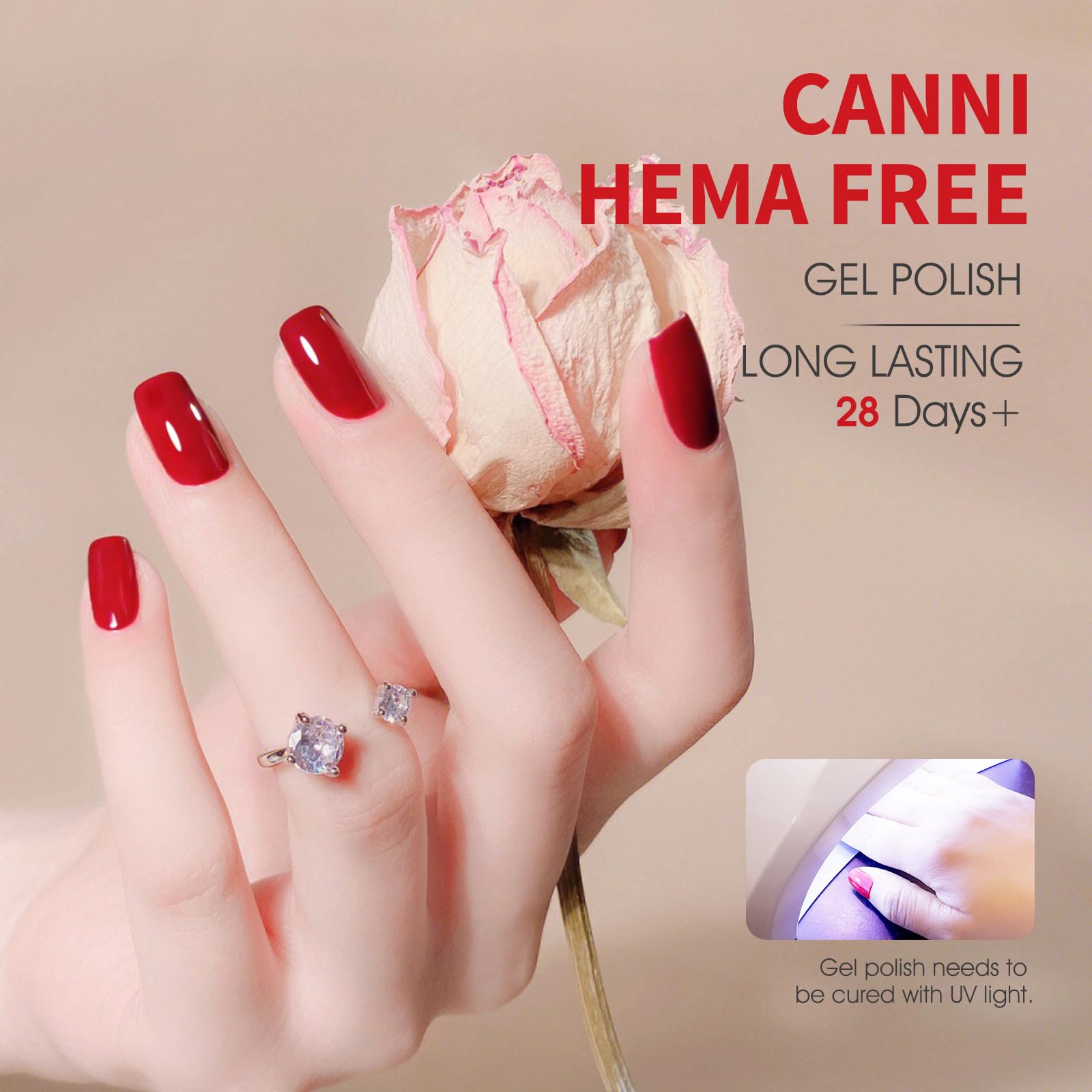 CANNI Red Gel Nail Polish swatches on nail show even coverage.