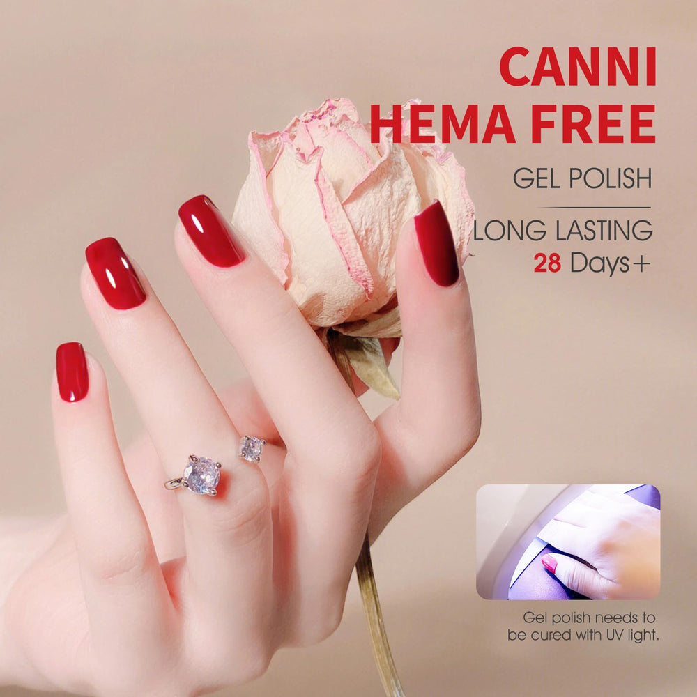 CANNI Red Gel Nail Polish swatches on nail show even coverage.