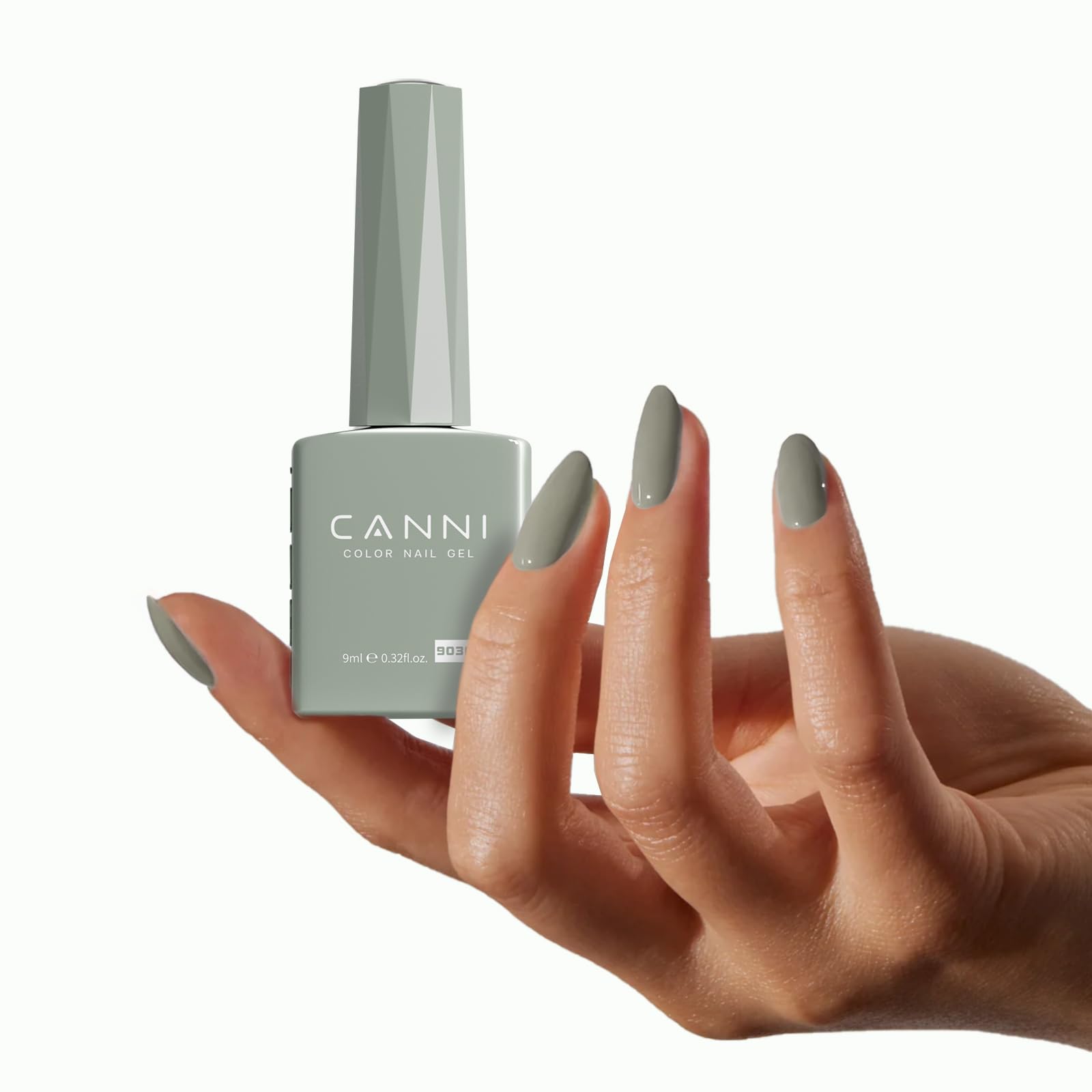 CANNI sage-green gel polish cured under LED/UV lamp for quick results.