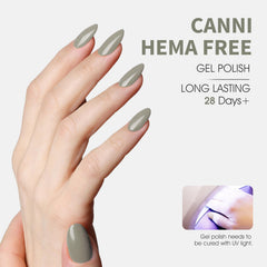 CANNI sage-green gel polish on nail close-up with glossy finish.