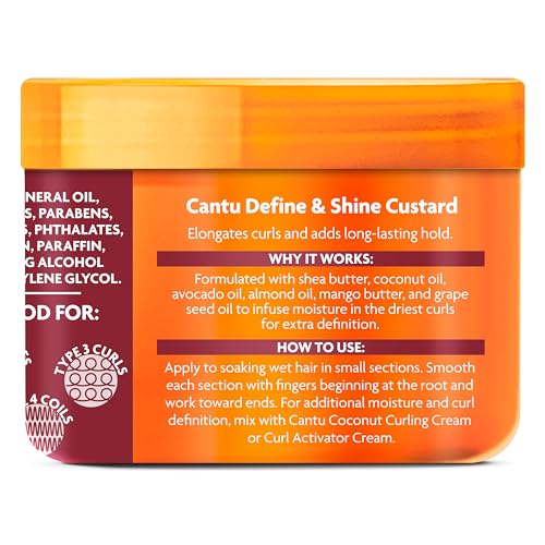 Cantu Shea Butter Define & Shine Custard delivers shine and defined texture.