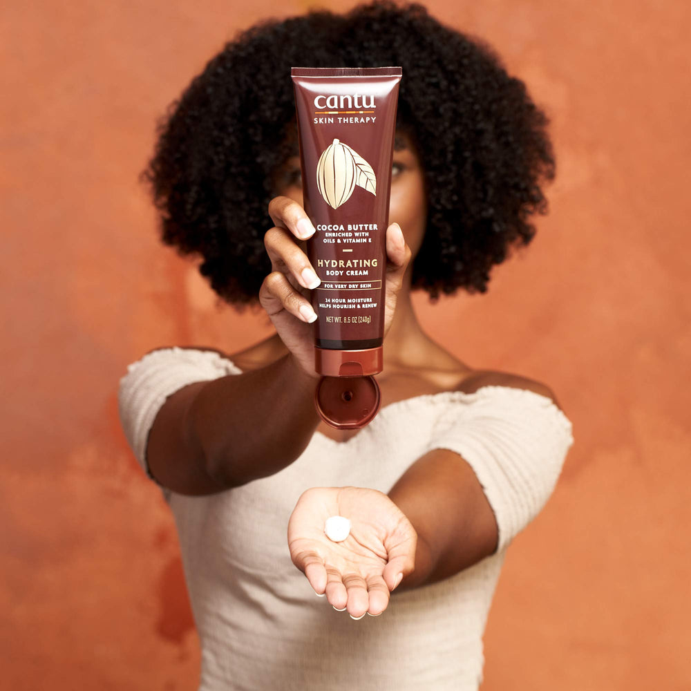 Cantu Therapy Cocoa Butter Body Cream in bathroom scene for daily routine