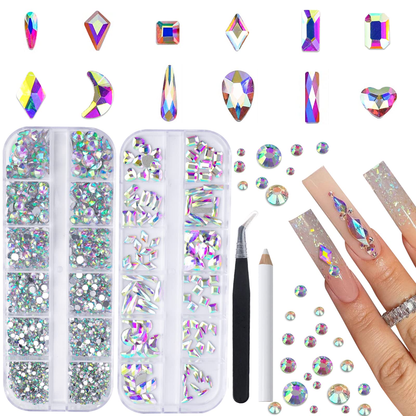 CANVALITE 2518pcs nail gems multi shapes set shines brilliantly for DIY nail art.