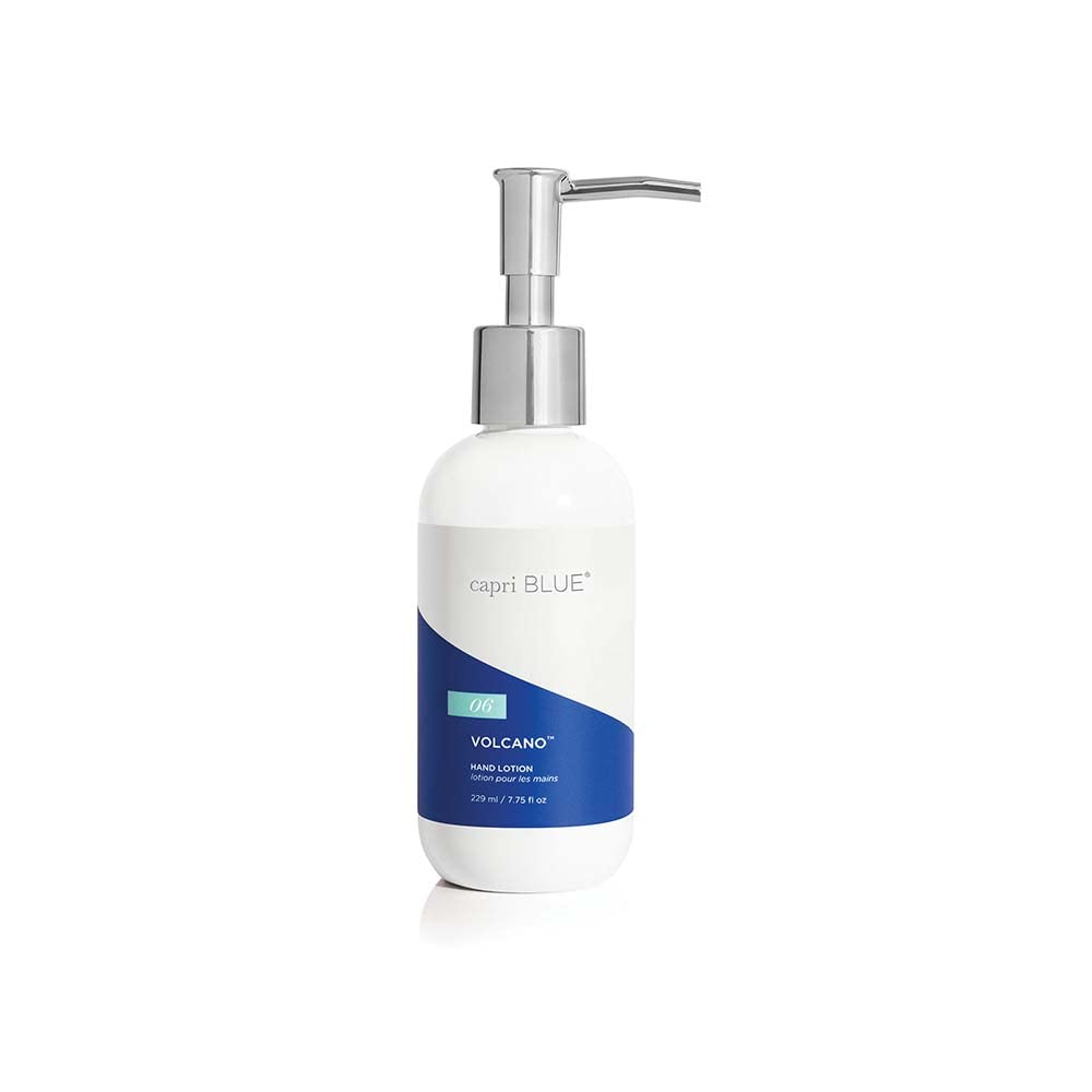 Capri Blue hand lotion Volcano pump close-up shows silky hydration for dry hands