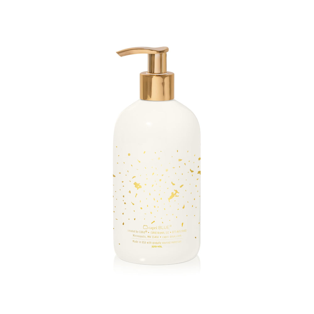 Capri Blue Volcano hand wash beside sink promotes daily spa-like routine.