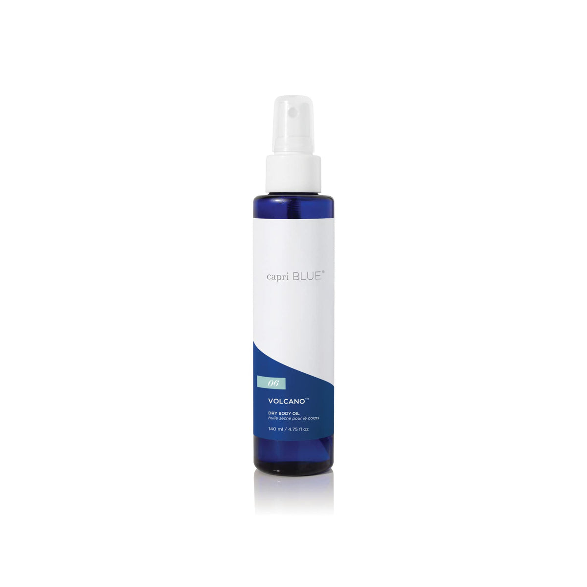 Capri Blue Volcano dry oil spray bottle showing fast-absorbing hydration and signature scent.