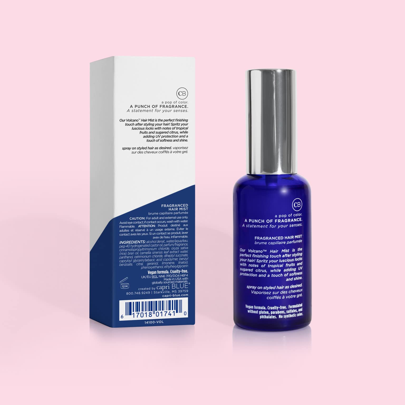 Capri Blue Volcano hair mist packaging displayed on shelf for gifting or travel.